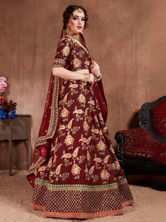 Odette Maroon Silk Blend Embroidered Semi Stitched Lehenga With Blouse For Women