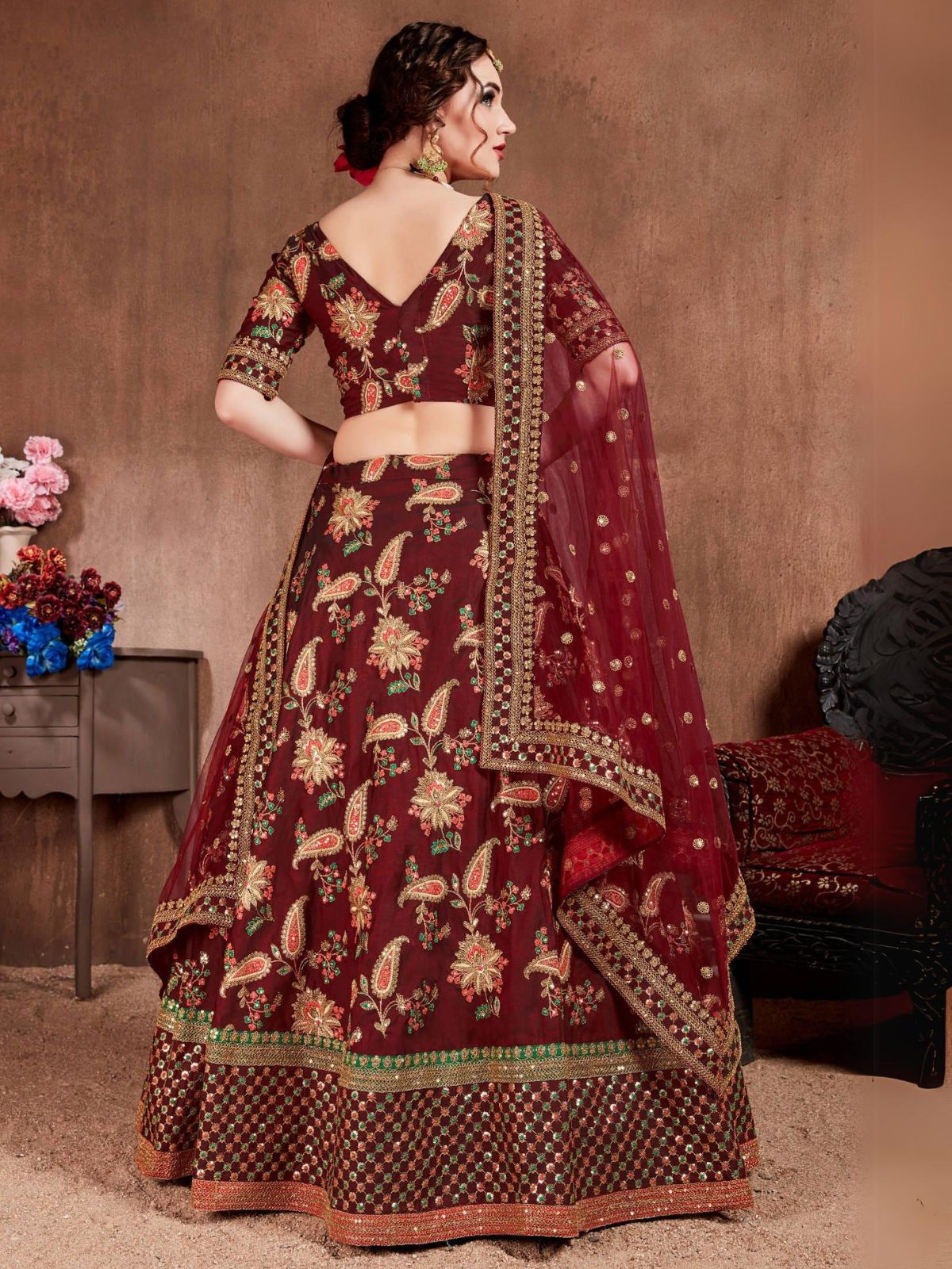 Odette Maroon Silk Blend Embroidered Semi Stitched Lehenga With Blouse For Women