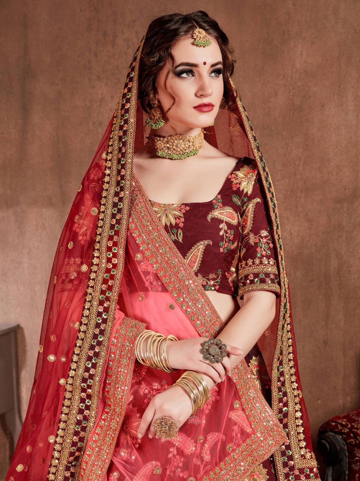 Odette Maroon Silk Blend Embroidered Semi Stitched Lehenga With Blouse For Women