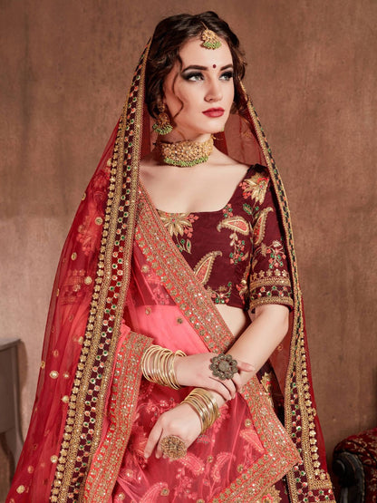 Odette Maroon Silk Blend Embroidered Semi Stitched Lehenga With Blouse For Women