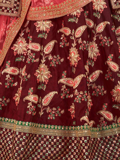 Odette Maroon Silk Blend Embroidered Semi Stitched Lehenga With Blouse For Women
