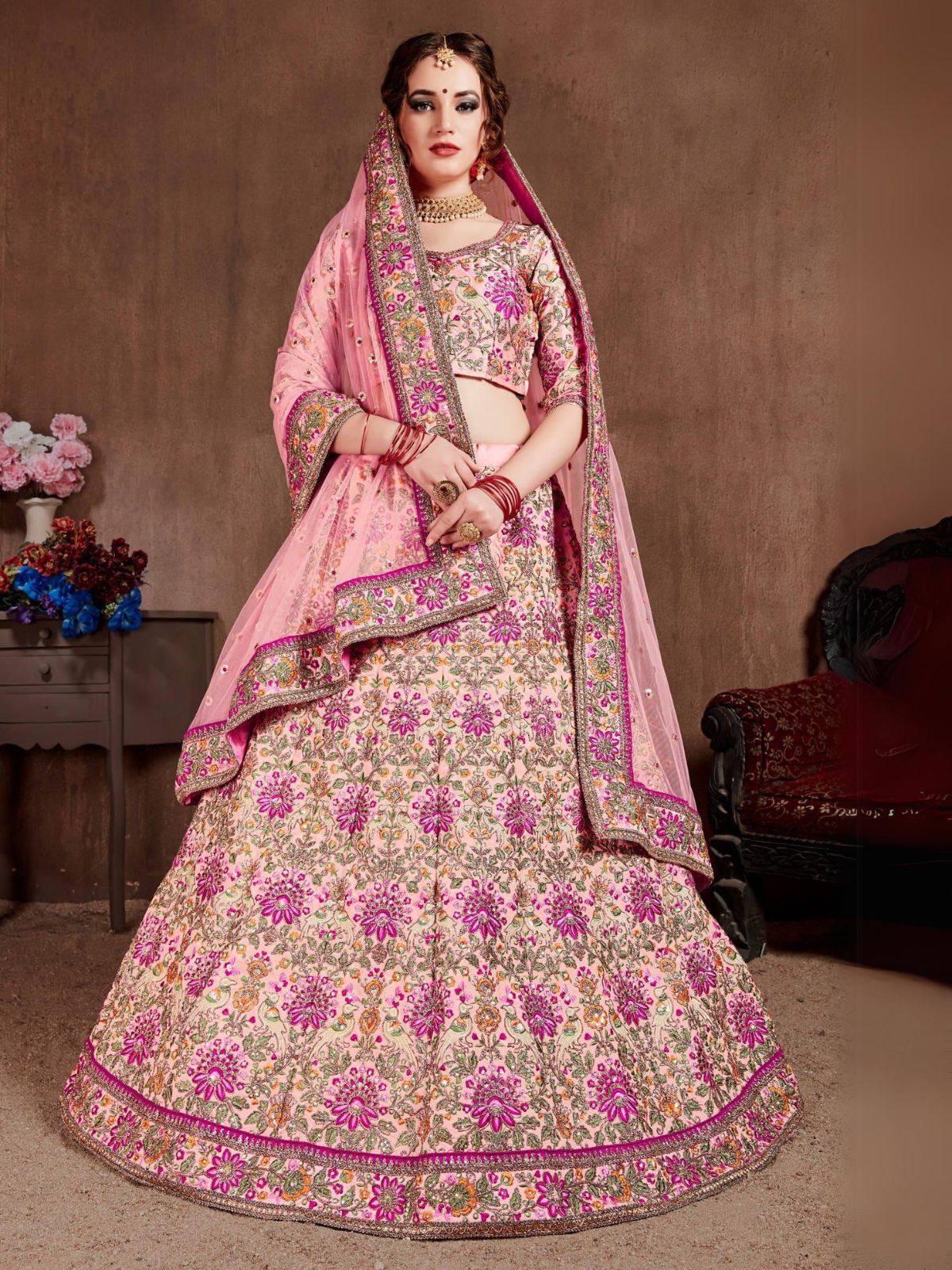 Odette Pink Silk Blend Embroidered Semi Stitched Lehenga With Blouse For Women