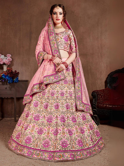 Odette Pink Silk Blend Embroidered Semi Stitched Lehenga With Blouse For Women
