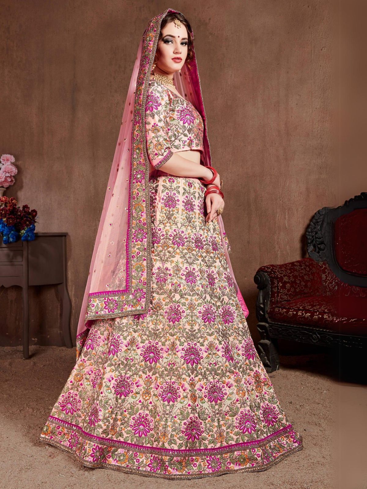 Odette Pink Silk Blend Embroidered Semi Stitched Lehenga With Blouse For Women
