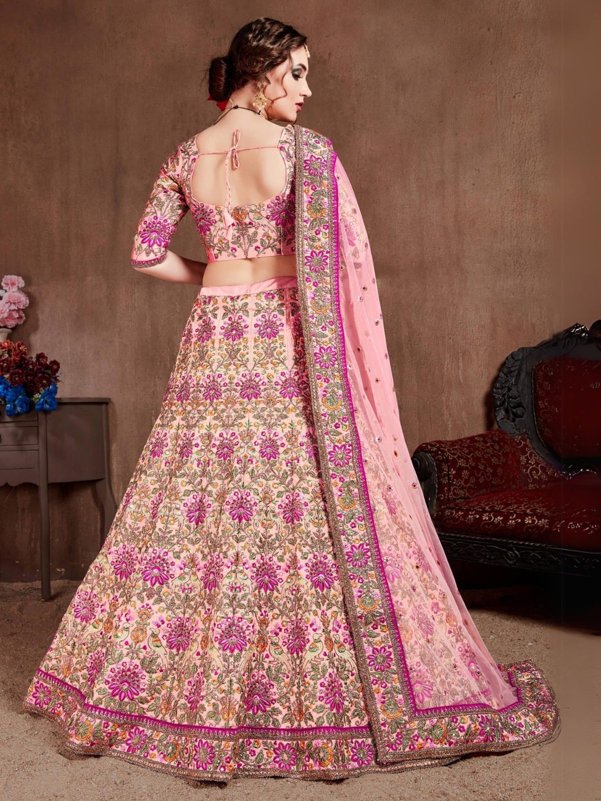 Odette Pink Silk Blend Embroidered Semi Stitched Lehenga With Blouse For Women