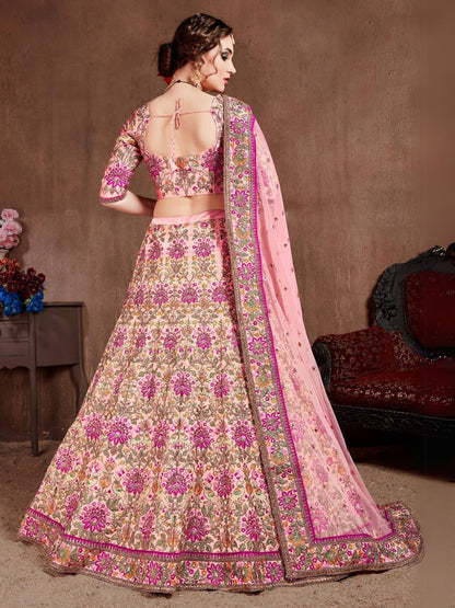 Odette Pink Silk Blend Embroidered Semi Stitched Lehenga With Blouse For Women