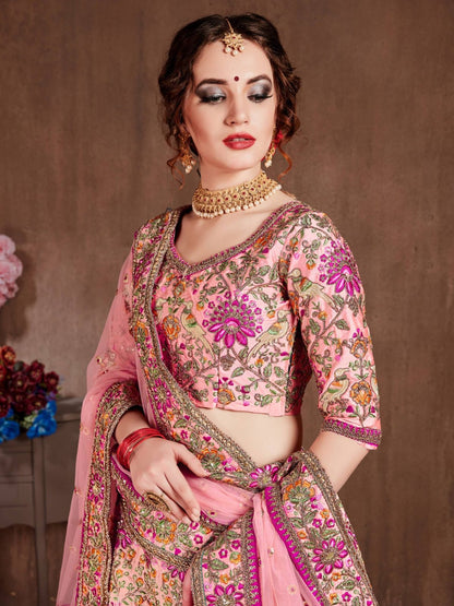 Odette Pink Silk Blend Embroidered Semi Stitched Lehenga With Blouse For Women