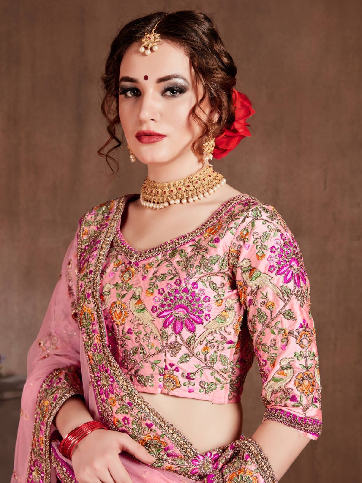 Odette Pink Silk Blend Embroidered Semi Stitched Lehenga With Blouse For Women