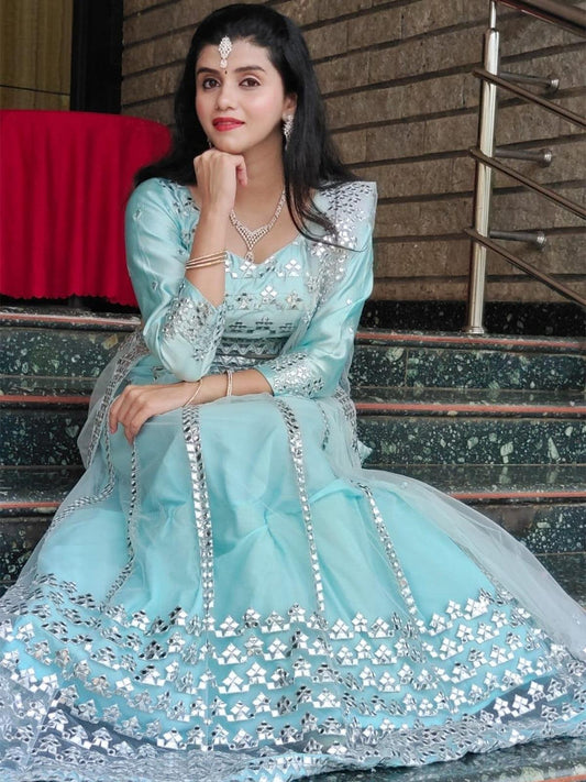 Odette Women Aqua Blue Semi Stitched Lehenga With Unstitched Blouse