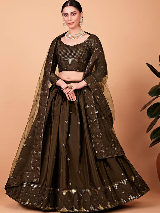 Odette Women Designer Olive Green Silk Blend Semi Stitched Lehenga With Unstitched Blouse