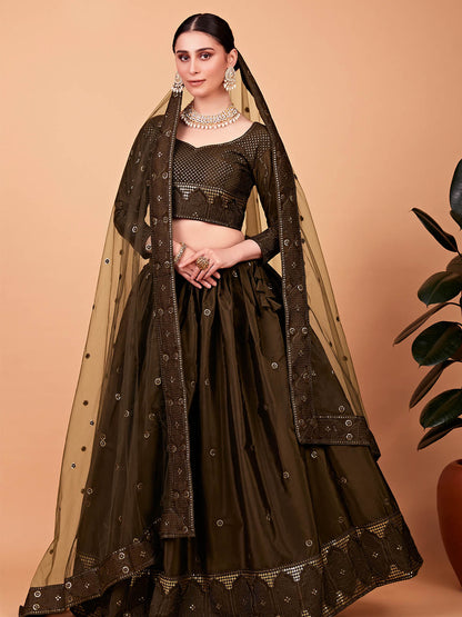 Odette Women Designer Olive Green Silk Blend Semi Stitched Lehenga With Unstitched Blouse