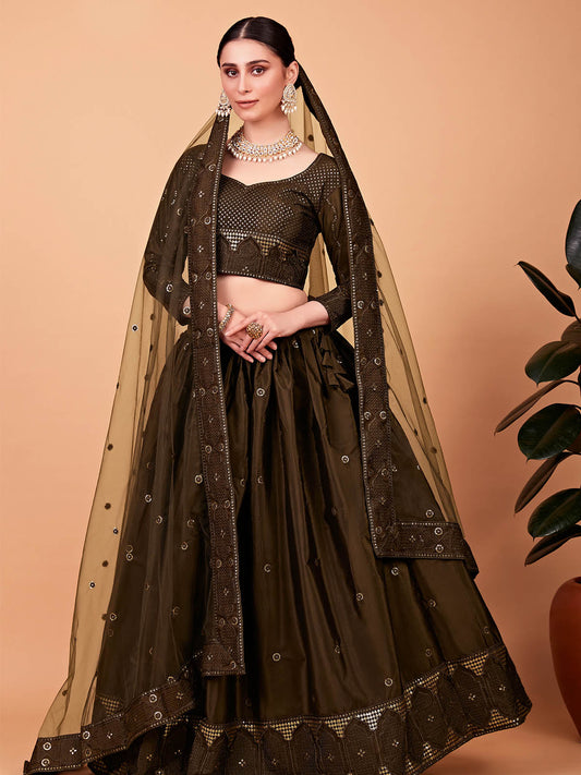 Odette Women Designer Olive Green Silk Blend Semi Stitched Lehenga With Unstitched Blouse