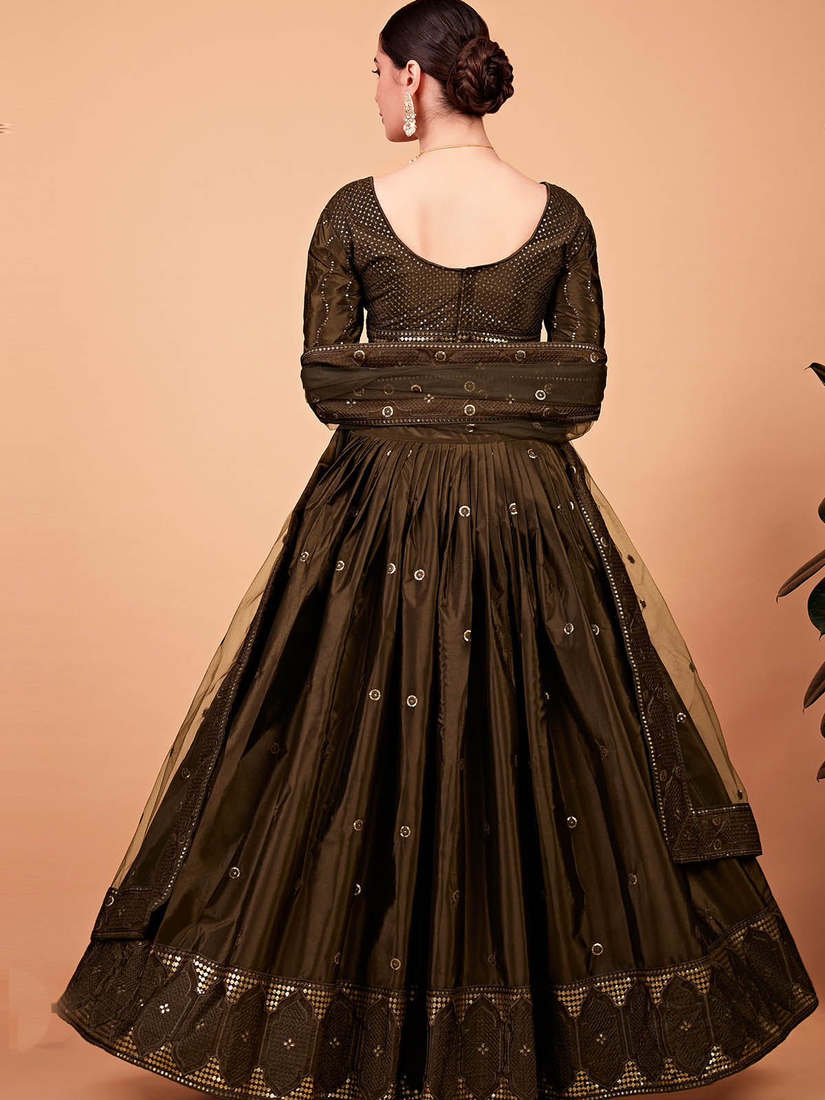 Odette Women Designer Olive Green Silk Blend Semi Stitched Lehenga With Unstitched Blouse