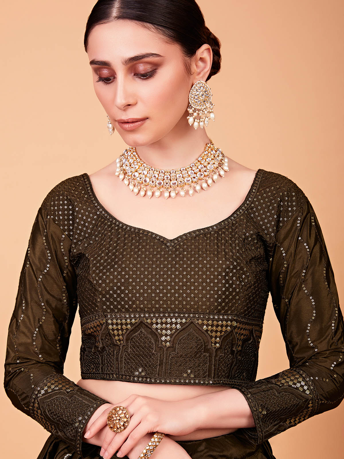 Odette Women Designer Olive Green Silk Blend Semi Stitched Lehenga With Unstitched Blouse