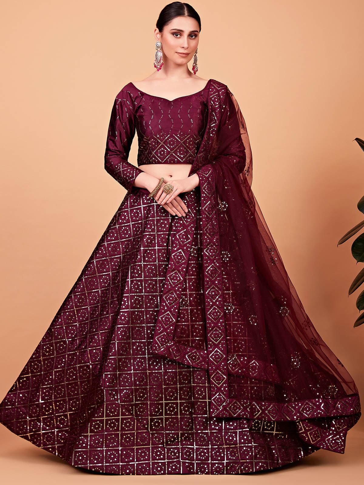 Odette Women Maroon Designer Semi Stitched Lehenga With Unstitched Blouse