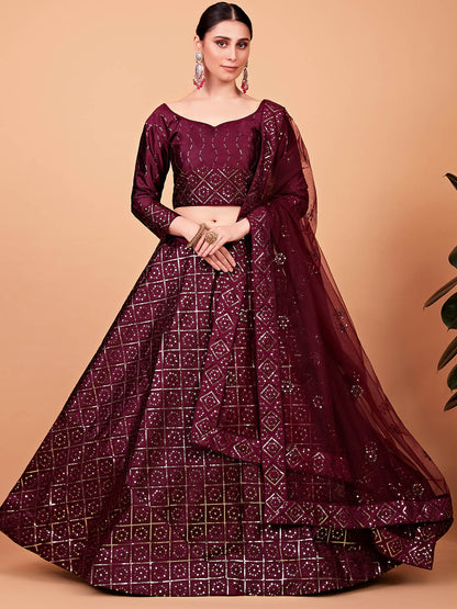 Odette Women Maroon Designer Semi Stitched Lehenga With Unstitched Blouse