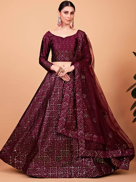 Odette Women Maroon Designer Semi Stitched Lehenga With Unstitched Blouse