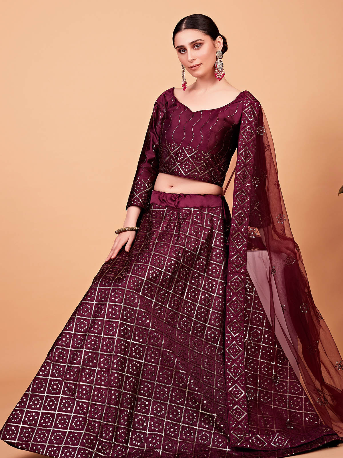 Odette Women Maroon Designer Semi Stitched Lehenga With Unstitched Blouse