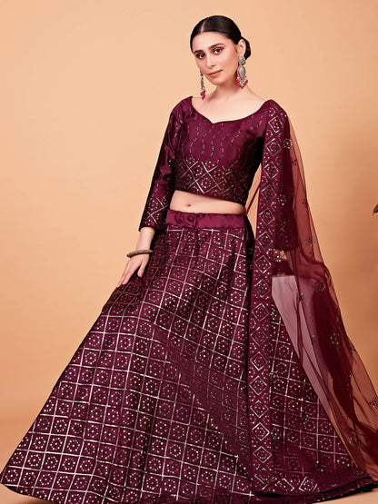 Odette Women Maroon Designer Semi Stitched Lehenga With Unstitched Blouse