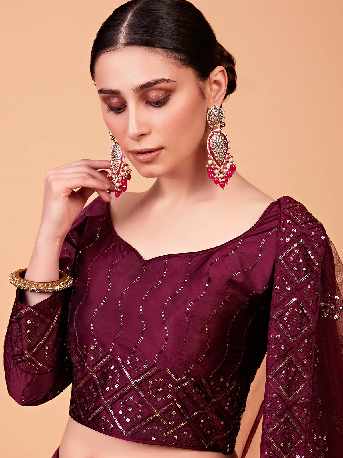 Odette Women Maroon Designer Semi Stitched Lehenga With Unstitched Blouse