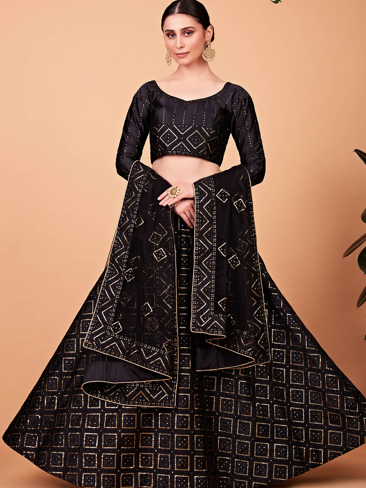 Odette Women Fashionable Black Embroidered Semi Stitched Lehenga With Unstitched Blouse