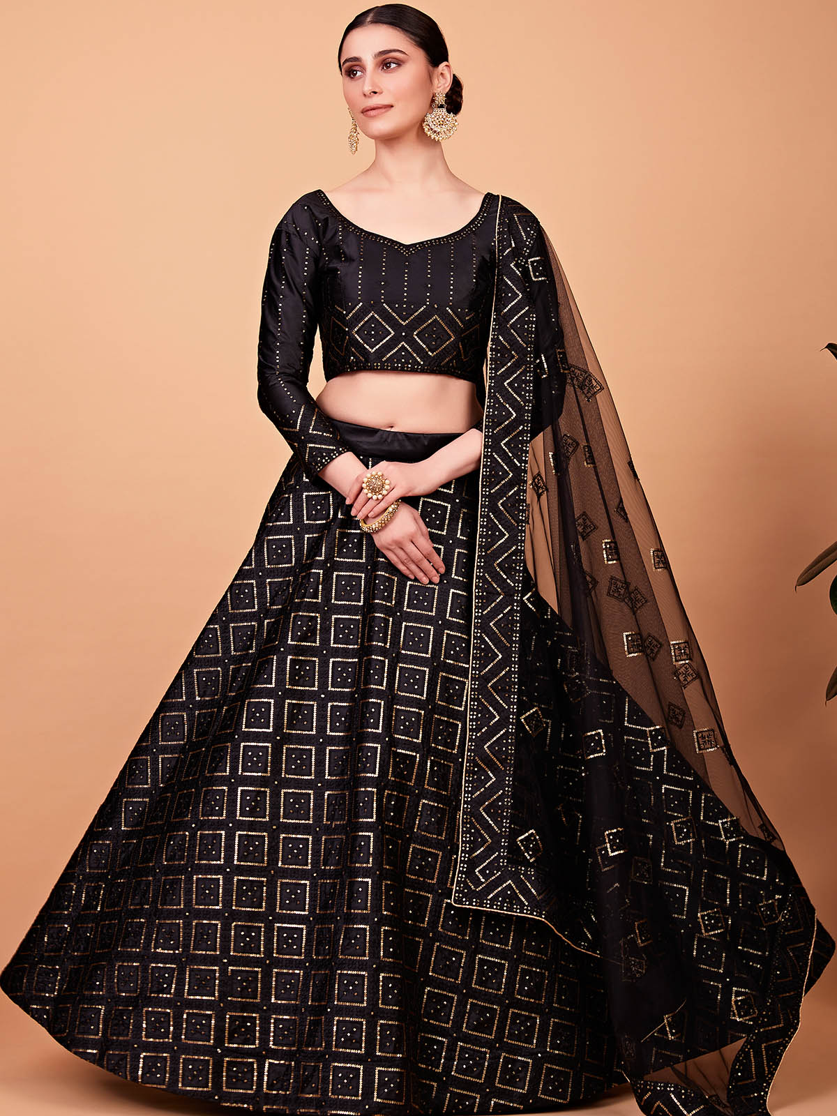 Odette Women Fashionable Black Embroidered Semi Stitched Lehenga With Unstitched Blouse