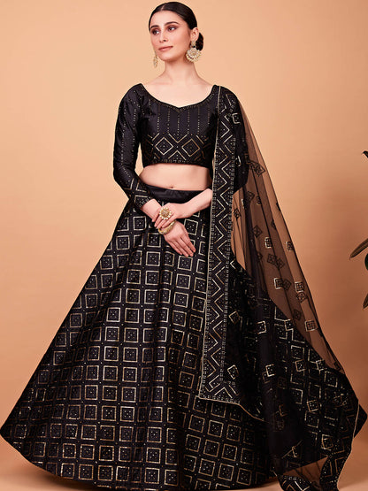 Odette Women Fashionable Black Embroidered Semi Stitched Lehenga With Unstitched Blouse