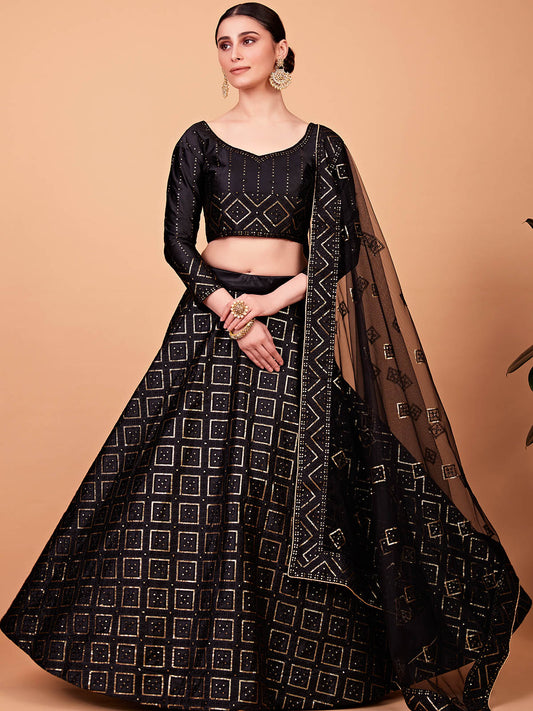 Odette Women Fashionable Black Embroidered Semi Stitched Lehenga With Unstitched Blouse
