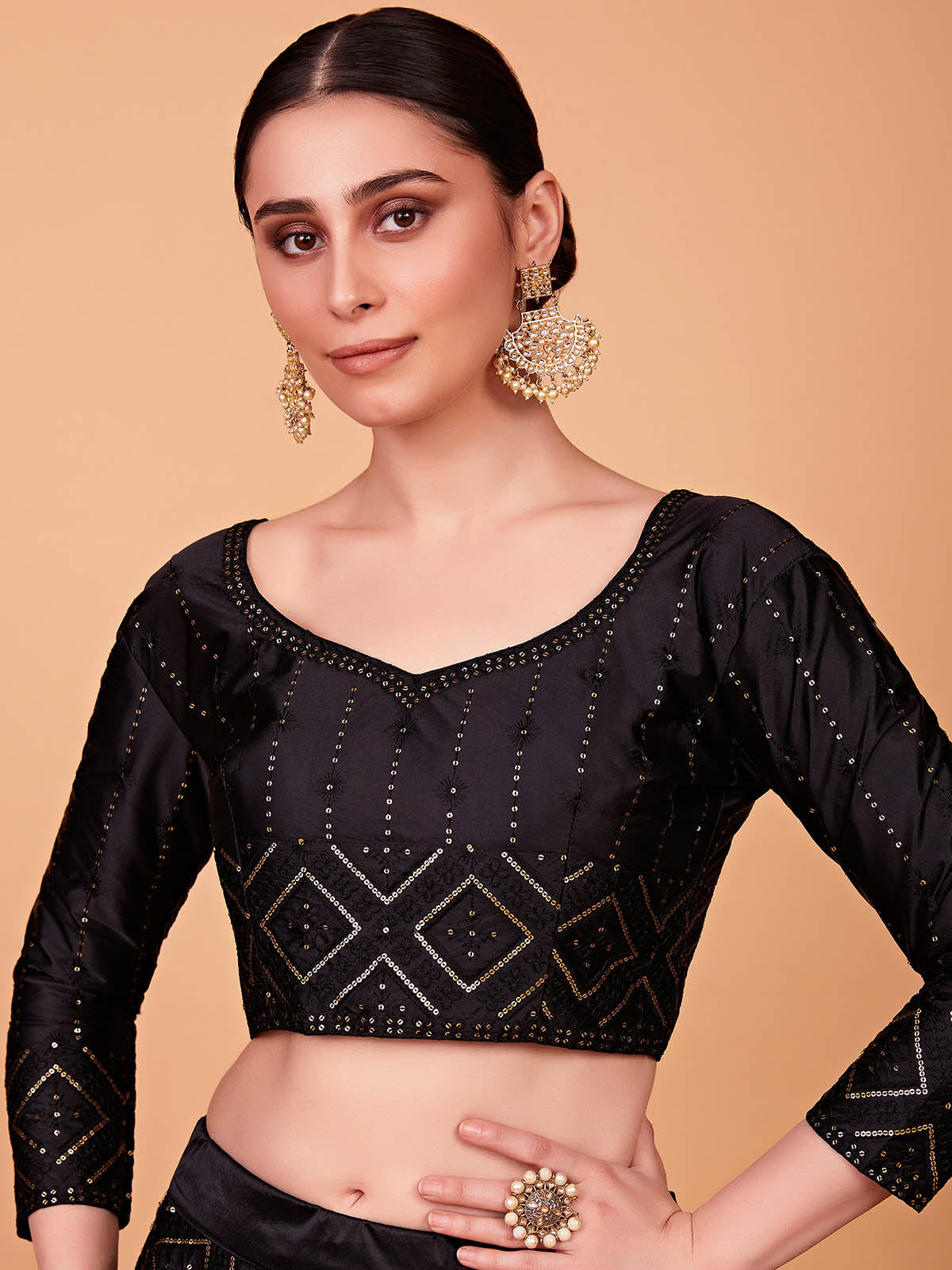 Odette Women Fashionable Black Embroidered Semi Stitched Lehenga With Unstitched Blouse