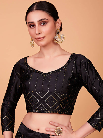 Odette Women Fashionable Black Embroidered Semi Stitched Lehenga With Unstitched Blouse