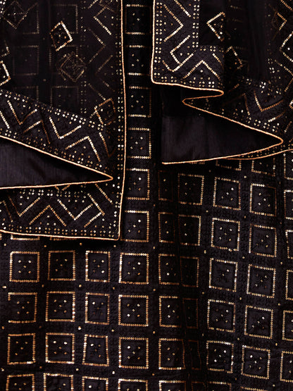 Odette Women Fashionable Black Embroidered Semi Stitched Lehenga With Unstitched Blouse