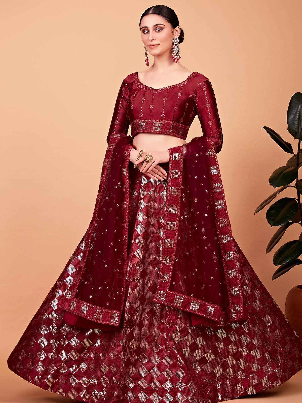 Odette Women Modish Red Silk Blend Semi Stitched Lehenga With Unstitched Blouse