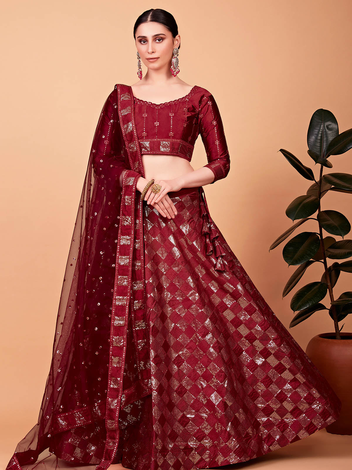 Odette Women Modish Red Silk Blend Semi Stitched Lehenga With Unstitched Blouse
