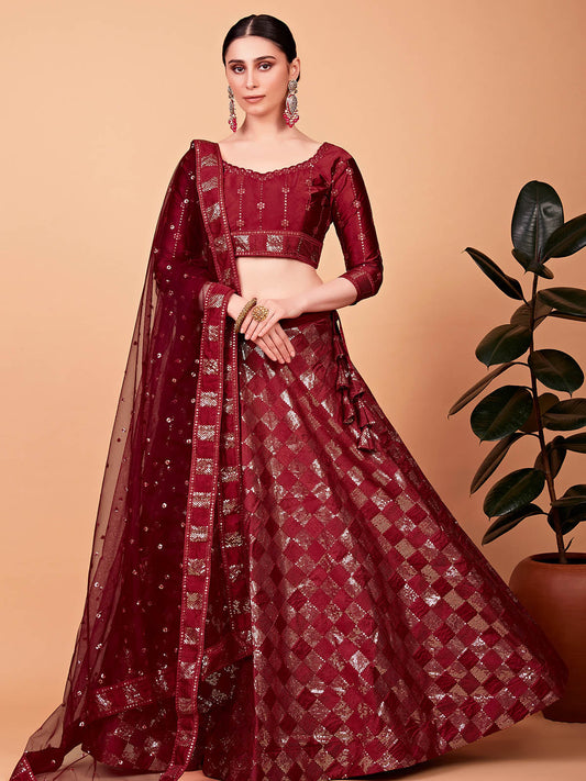 Odette Women Modish Red Silk Blend Semi Stitched Lehenga With Unstitched Blouse