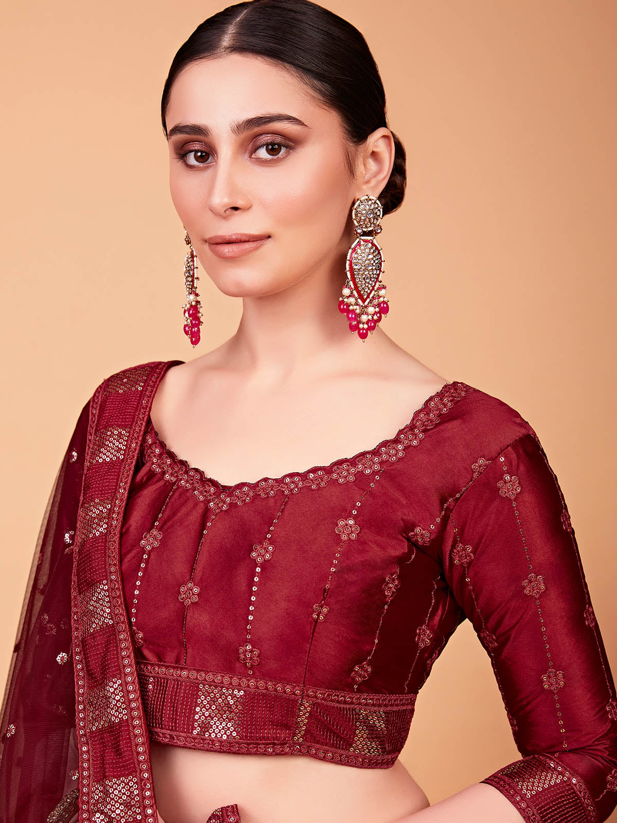 Odette Women Modish Red Silk Blend Semi Stitched Lehenga With Unstitched Blouse