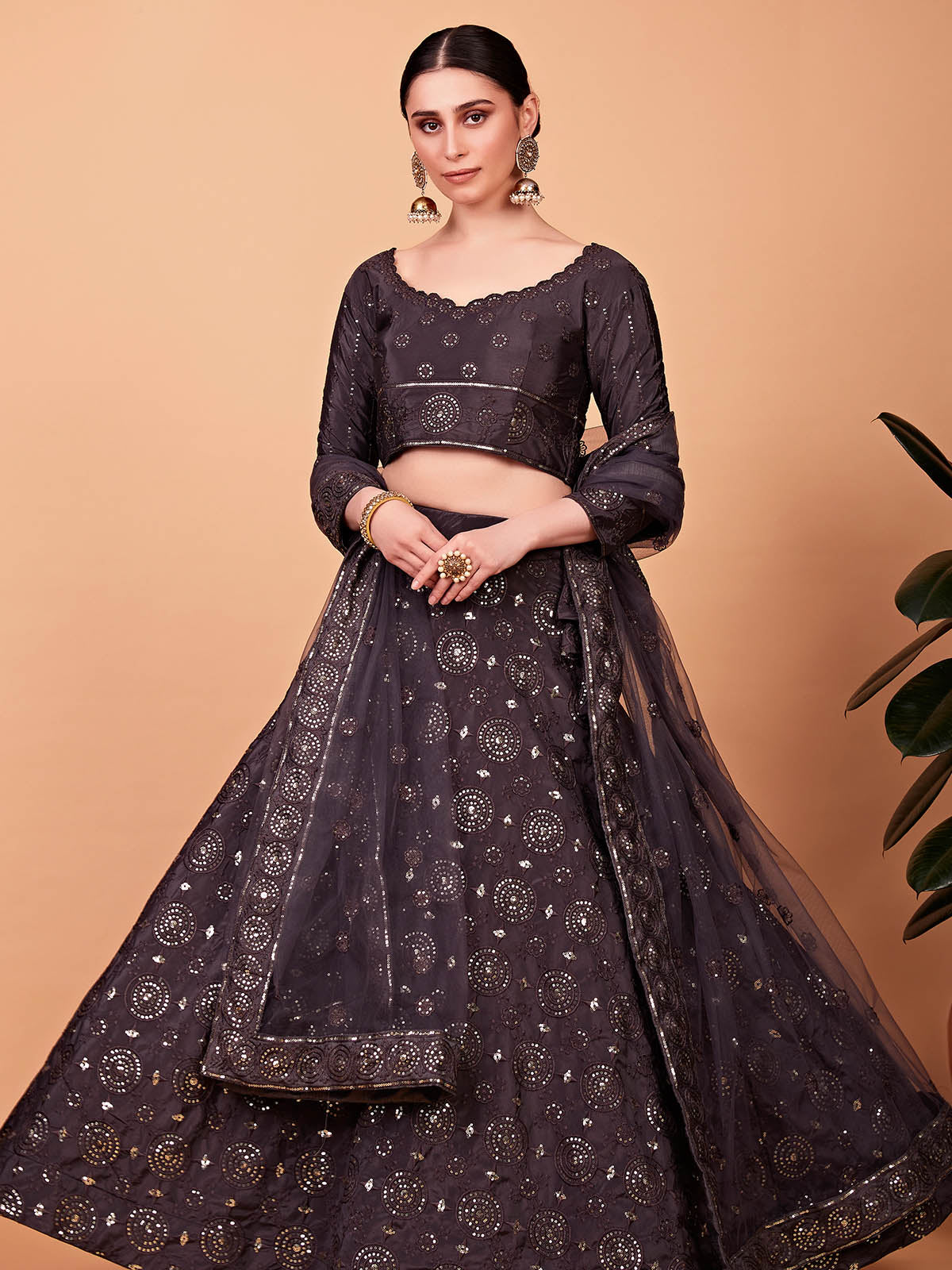 Odette Women Designer Brown Embroidered Semi Stitched Lehenga With Unstitched Blouse