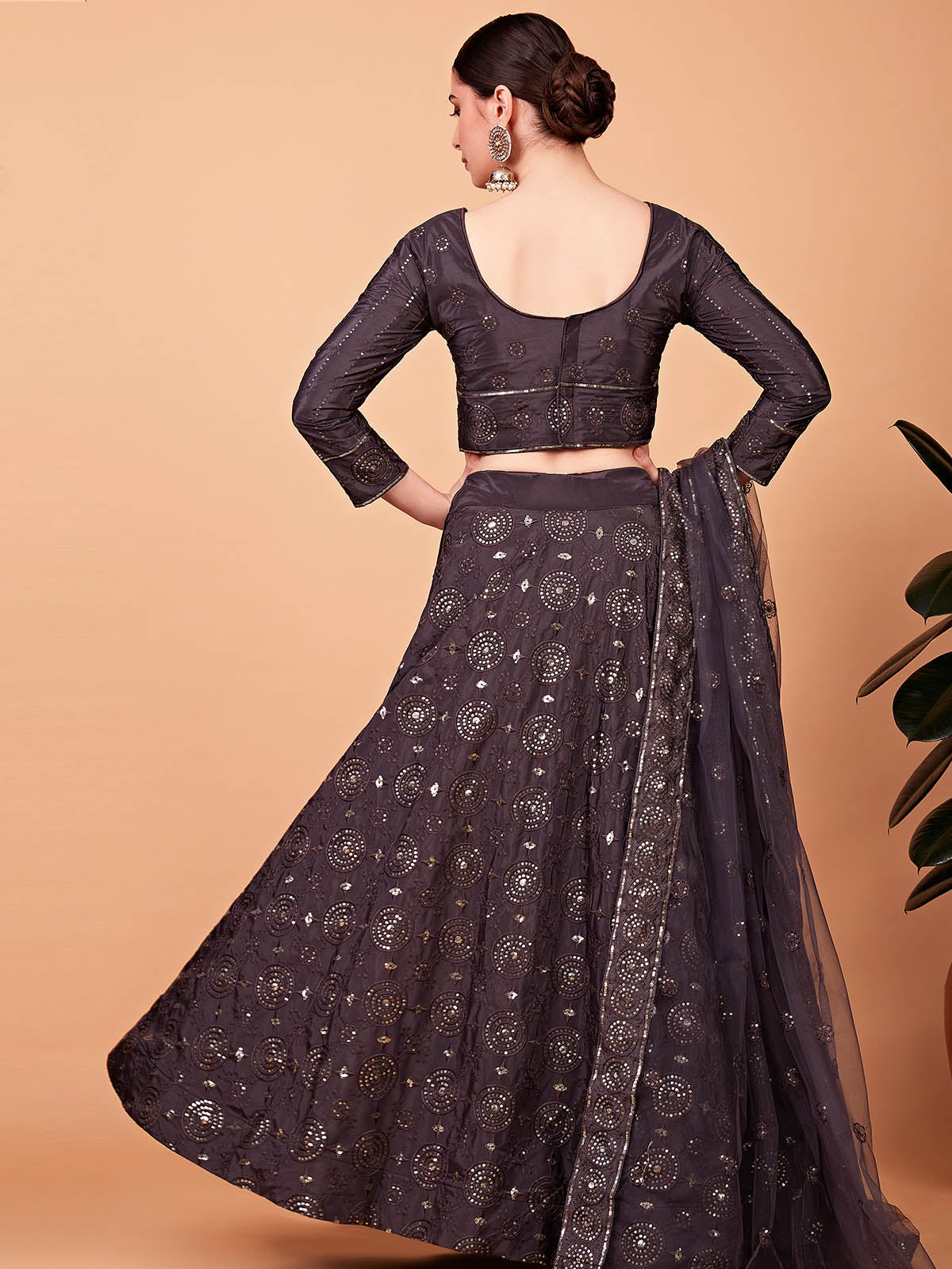 Odette Women Designer Brown Embroidered Semi Stitched Lehenga With Unstitched Blouse