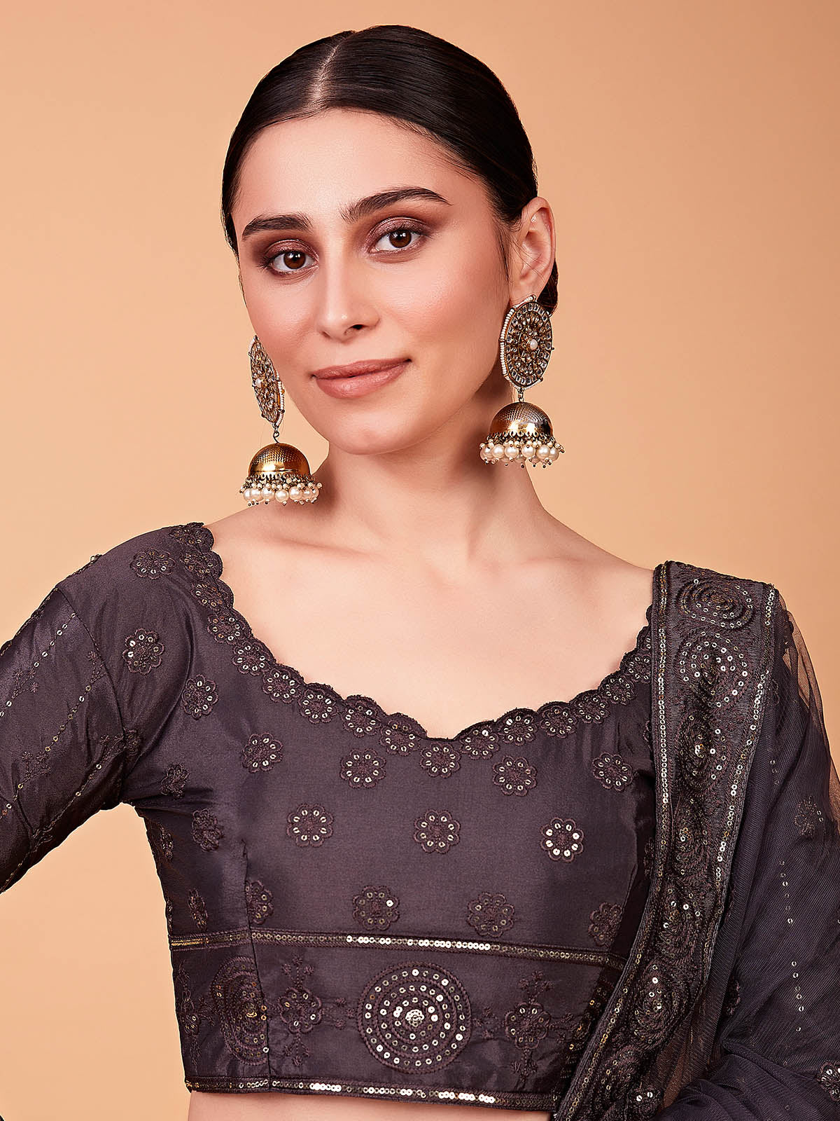 Odette Women Designer Brown Embroidered Semi Stitched Lehenga With Unstitched Blouse