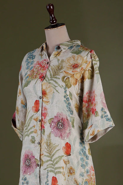 Beige Floral Printed Linen Kurti with Shirt Collar-JE1097