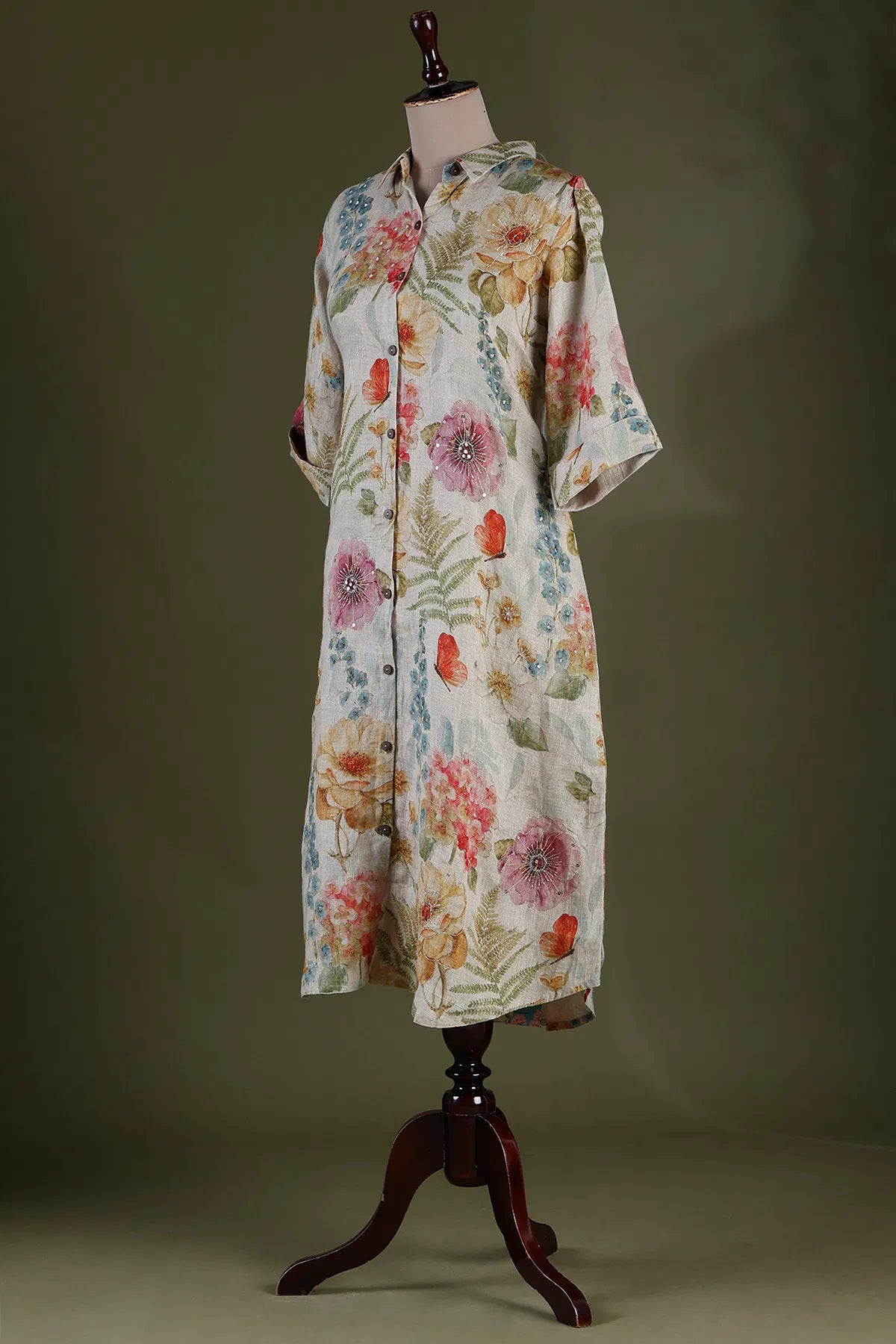 Beige Floral Printed Linen Kurti with Shirt Collar-JE1097