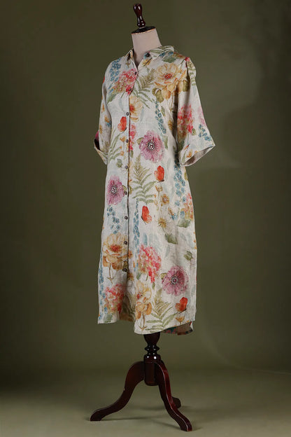 Beige Floral Printed Linen Kurti with Shirt Collar-JE1097
