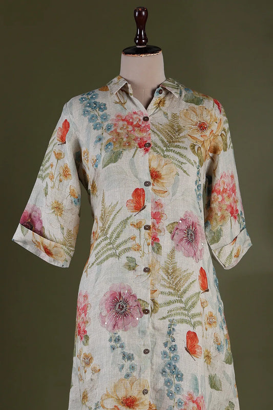 Beige Floral Printed Linen Kurti with Shirt Collar-JE1097