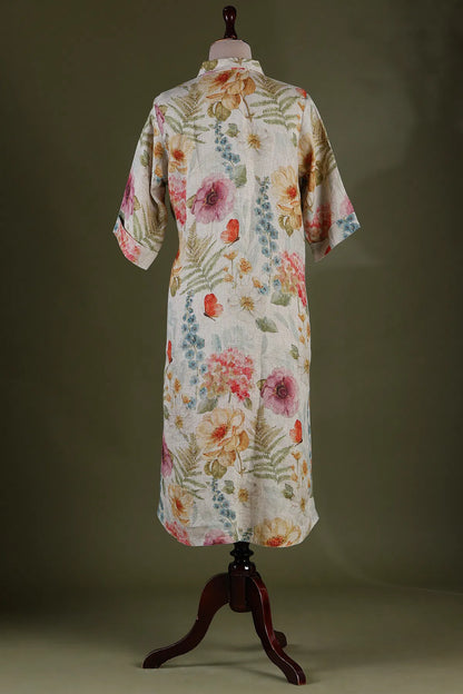 Beige Floral Printed Linen Kurti with Shirt Collar-JE1097