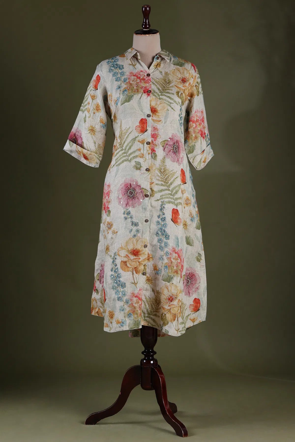 Beige Floral Printed Linen Kurti with Shirt Collar-JE1097