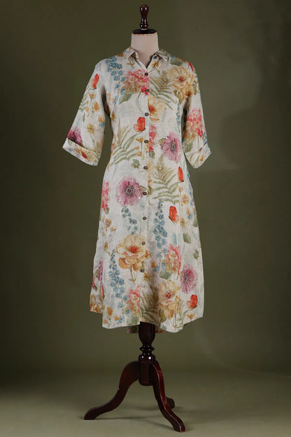 Beige Floral Printed Linen Kurti with Shirt Collar-JE1097