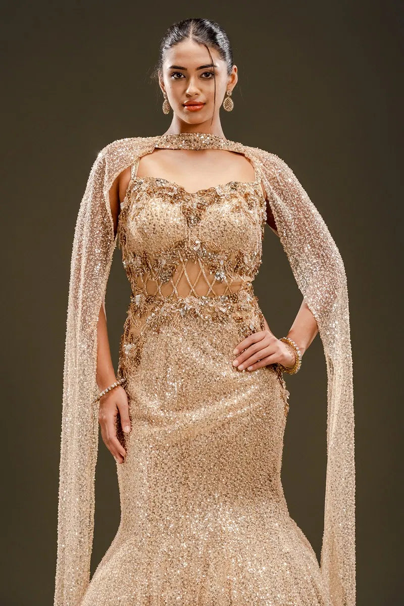Beige Sequins Embroidered Net Fishcut Gown-JE2337