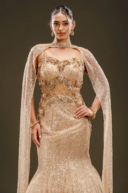 Beige Sequins Embroidered Net Fishcut Gown-JE2337