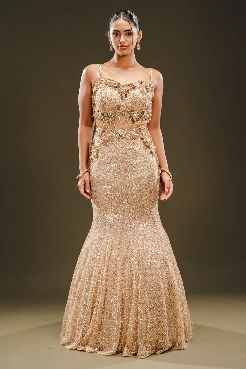 Beige Sequins Embroidered Net Fishcut Gown-JE2337
