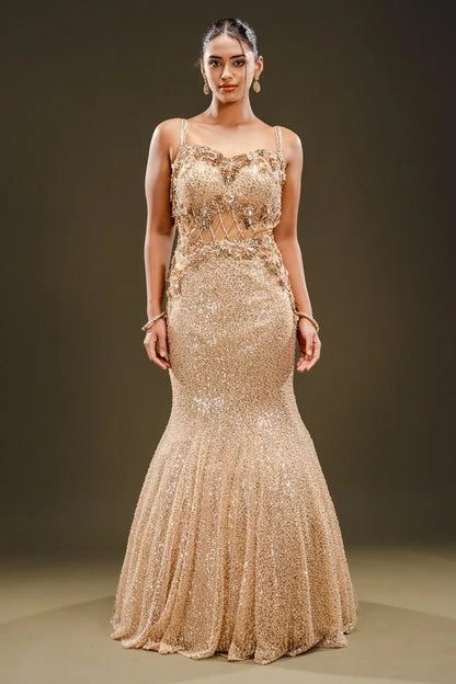 Beige Sequins Embroidered Net Fishcut Gown-JE2337
