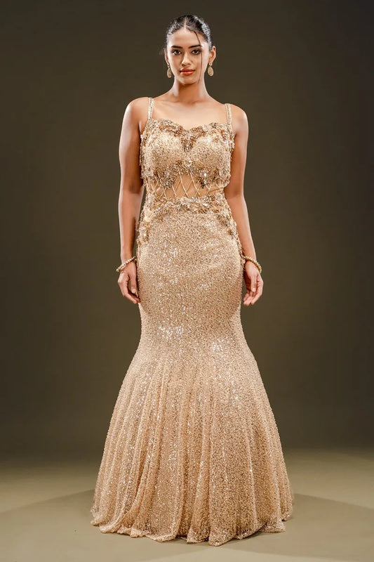 Beige Sequins Embroidered Net Fishcut Gown-JE2337